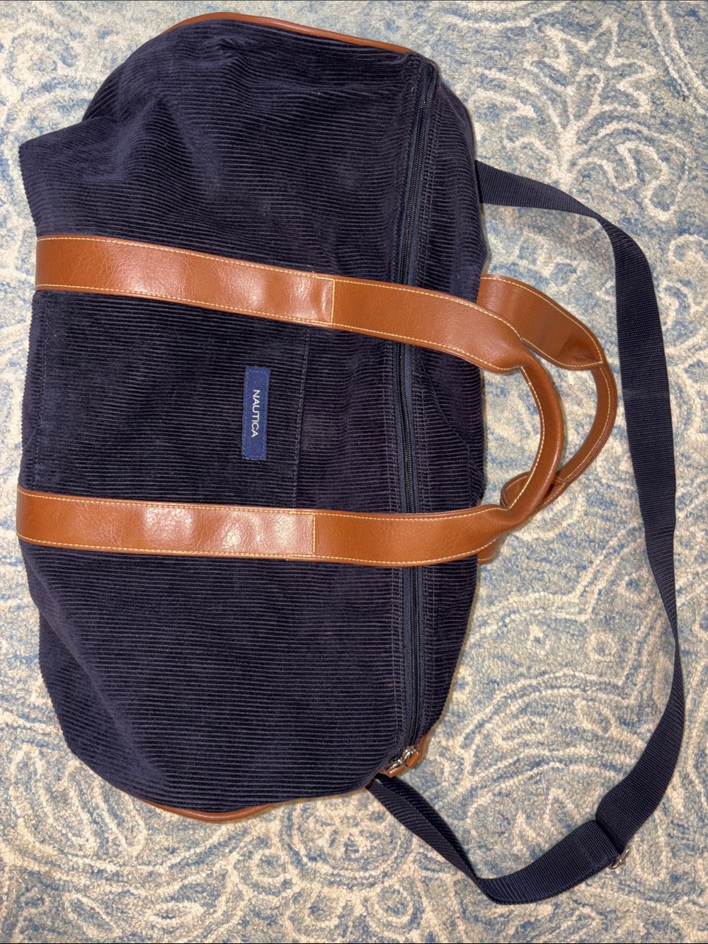 Nautica Navy Corduroy Duffel with Brown Trim and Strap